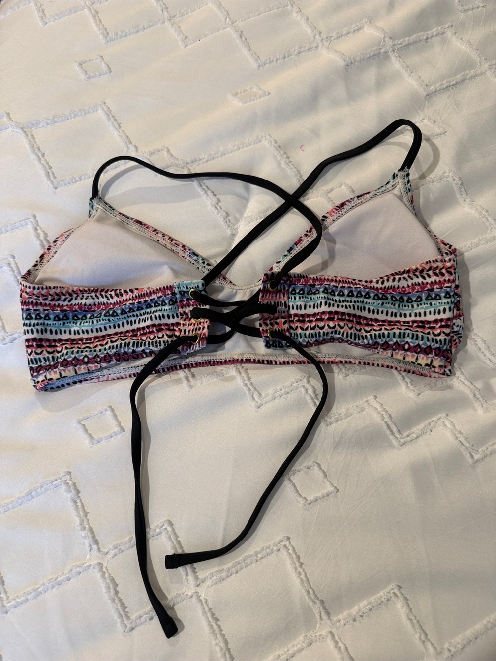SO Multicolor Strappy Bandeau Swim Top with Black Ties